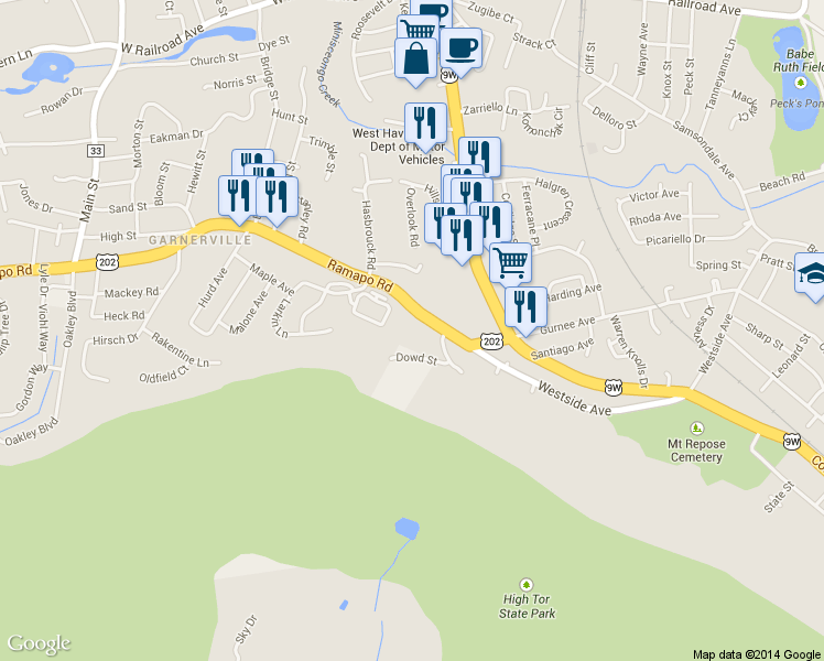 map of restaurants, bars, coffee shops, grocery stores, and more near 221 Ramapo Road in West Haverstraw