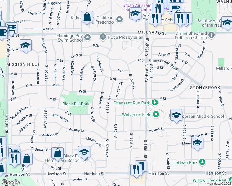 map of restaurants, bars, coffee shops, grocery stores, and more near 5809 South 159th Street in Omaha