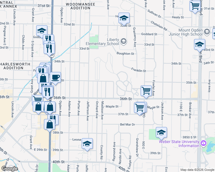 map of restaurants, bars, coffee shops, grocery stores, and more near 3524 Madison Avenue in Ogden