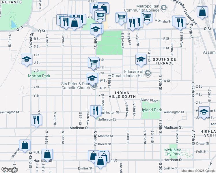 map of restaurants, bars, coffee shops, grocery stores, and more near 3504 X Street in Omaha