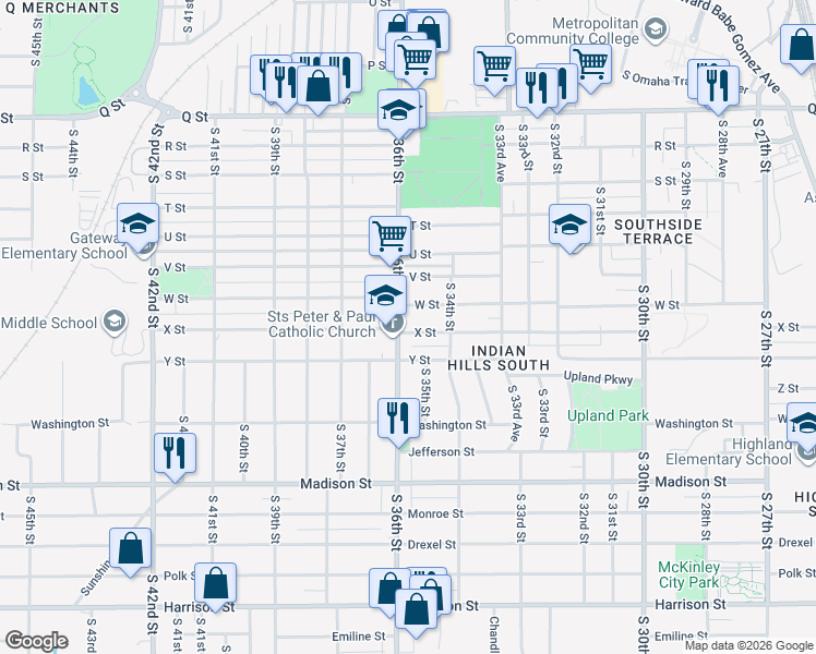 map of restaurants, bars, coffee shops, grocery stores, and more near 3434 X Street in Omaha