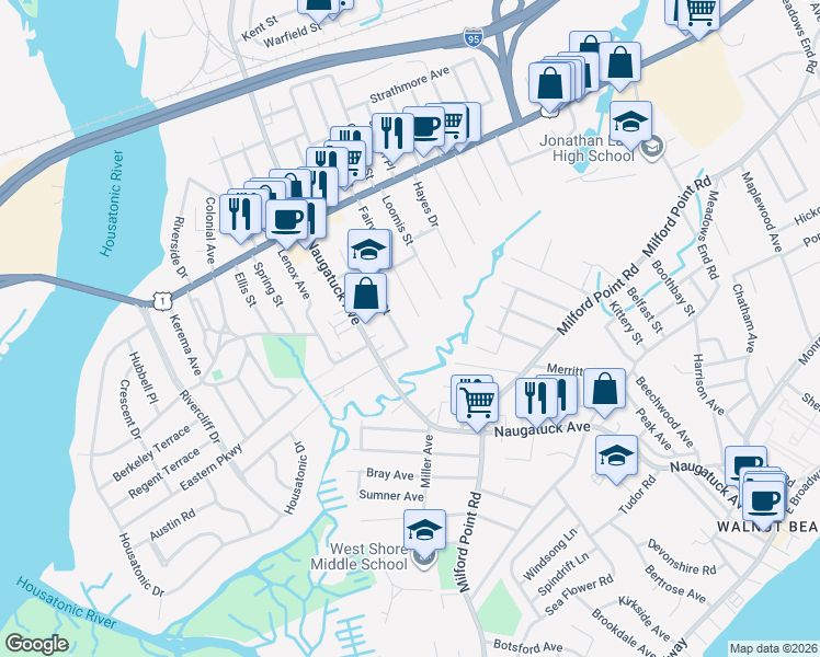 map of restaurants, bars, coffee shops, grocery stores, and more near 13 Ridge St in Milford