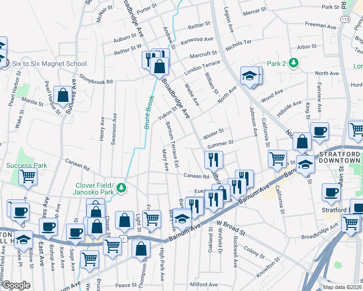 map of restaurants, bars, coffee shops, grocery stores, and more near 88 Hortense Street in Stratford