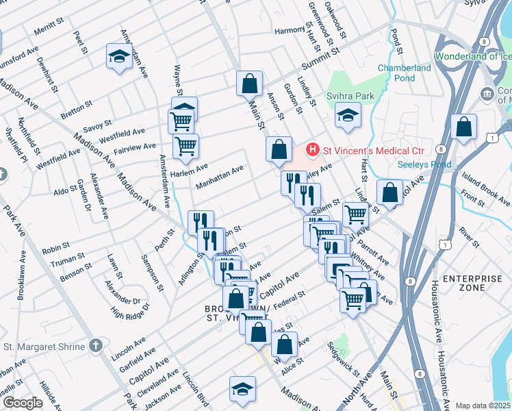 map of restaurants, bars, coffee shops, grocery stores, and more near 419 Hawley Avenue in Bridgeport