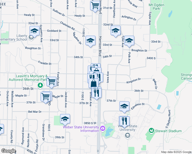 map of restaurants, bars, coffee shops, grocery stores, and more near 3511 Harrison Boulevard in Ogden