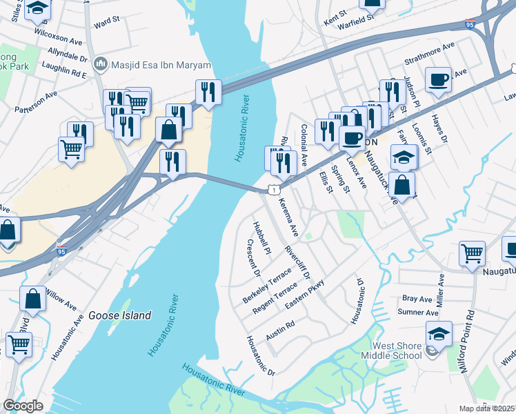 map of restaurants, bars, coffee shops, grocery stores, and more near 3 Housatonic Drive in Milford