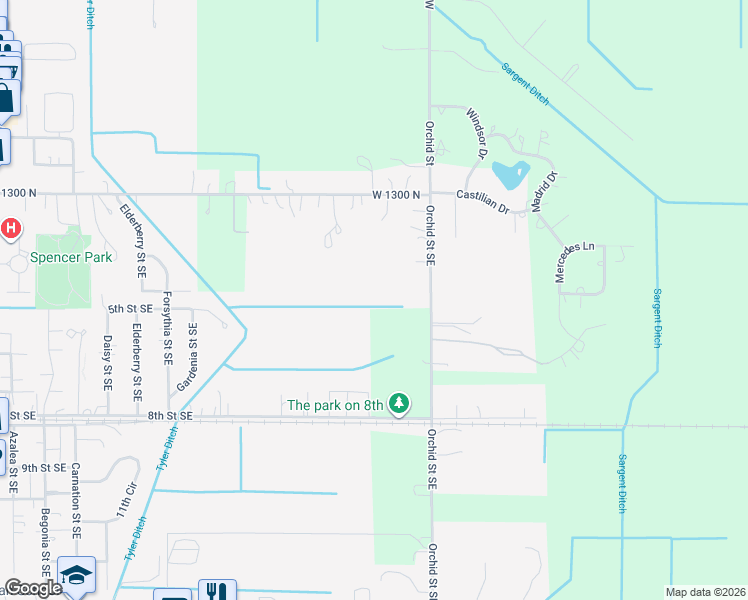 map of restaurants, bars, coffee shops, grocery stores, and more near 404 Orchid Street Southeast in De Motte
