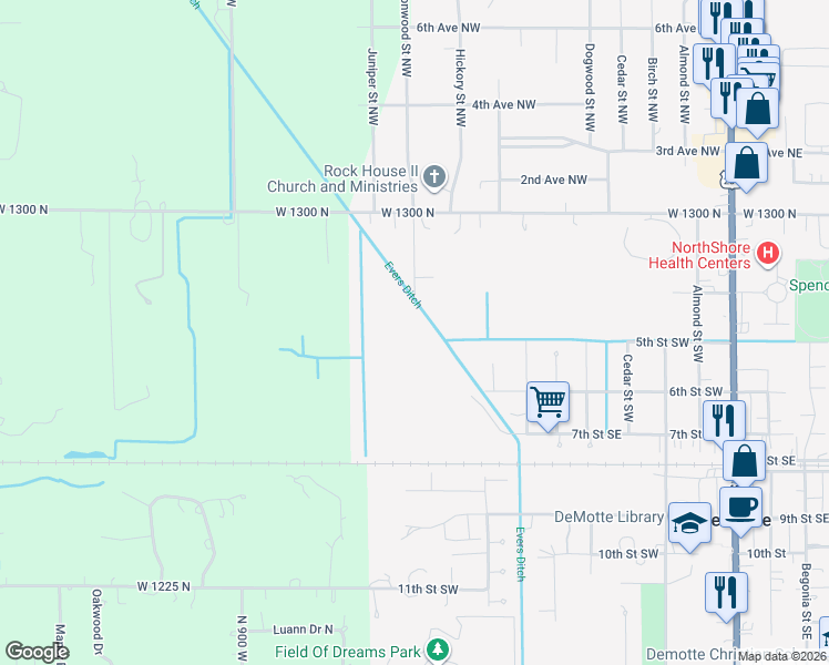 map of restaurants, bars, coffee shops, grocery stores, and more near in De Motte