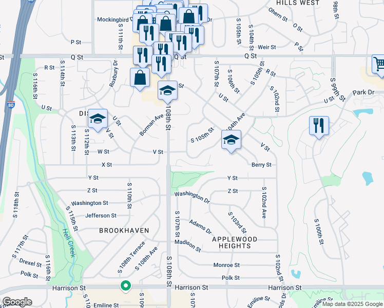 map of restaurants, bars, coffee shops, grocery stores, and more near 5874 South 104th Avenue in Omaha