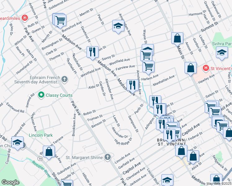 map of restaurants, bars, coffee shops, grocery stores, and more near 96 Everett Street in Bridgeport