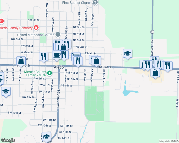 map of restaurants, bars, coffee shops, grocery stores, and more near 509 Southeast 4th Street in Aledo