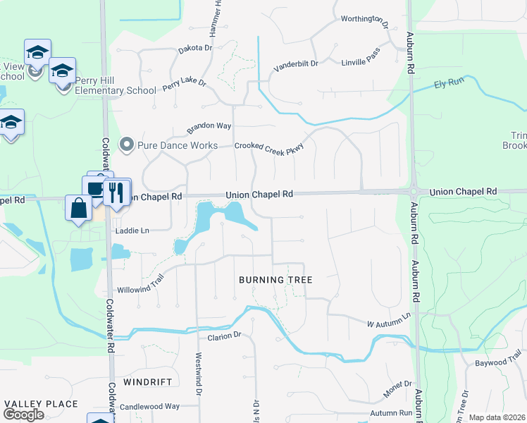 map of restaurants, bars, coffee shops, grocery stores, and more near 12536 Chapelwood Place in Fort Wayne