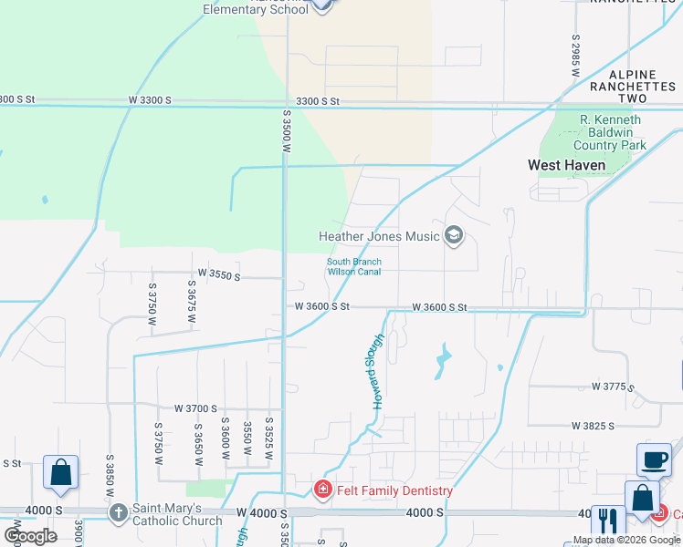 map of restaurants, bars, coffee shops, grocery stores, and more near 3379 West 3550 South Street in West Haven