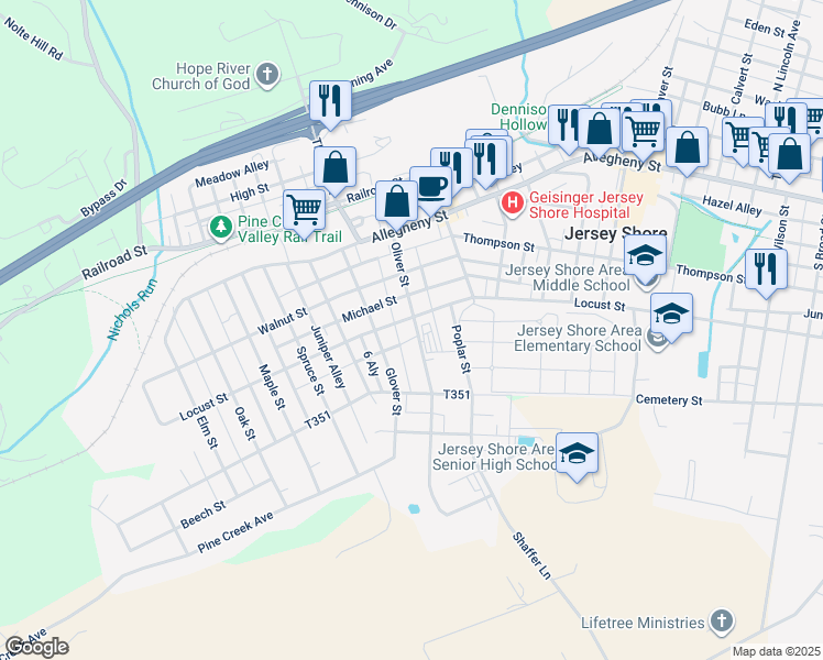 map of restaurants, bars, coffee shops, grocery stores, and more near 308 Oliver Street in Jersey Shore