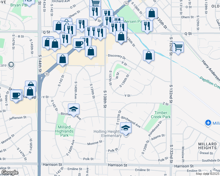 map of restaurants, bars, coffee shops, grocery stores, and more near 5916 South 137th Street in Omaha