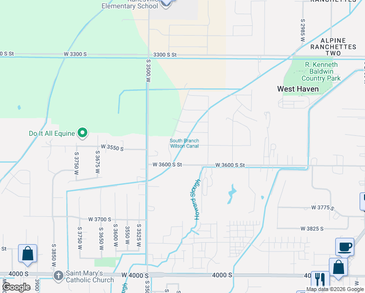 map of restaurants, bars, coffee shops, grocery stores, and more near 3325 West 3550 South Street in West Haven