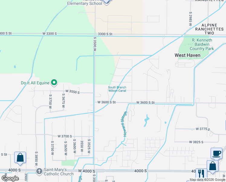 map of restaurants, bars, coffee shops, grocery stores, and more near 3379 West 3550 South Street in West Haven