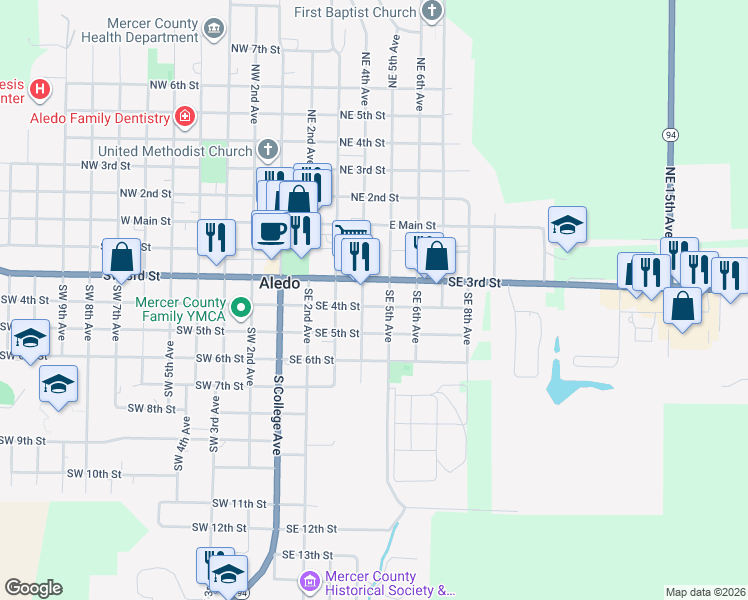 map of restaurants, bars, coffee shops, grocery stores, and more near 401 Southeast 4th Street in Aledo