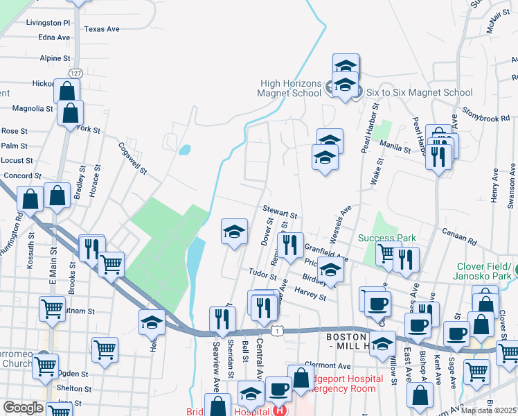 map of restaurants, bars, coffee shops, grocery stores, and more near 439 Bond St in Bridgeport