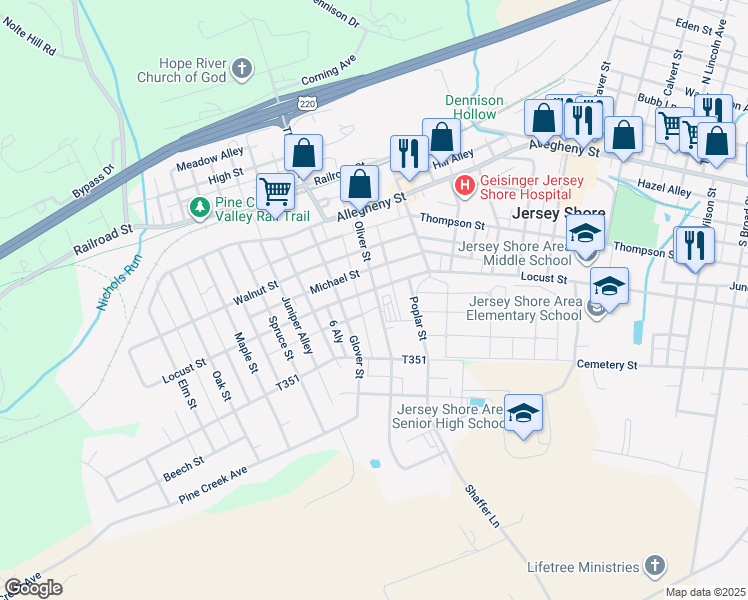map of restaurants, bars, coffee shops, grocery stores, and more near 308 Oliver Street in Jersey Shore