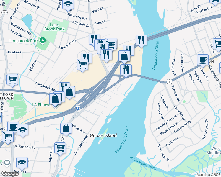 map of restaurants, bars, coffee shops, grocery stores, and more near 734 Ferry Boulevard in Stratford