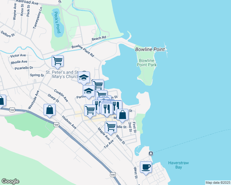map of restaurants, bars, coffee shops, grocery stores, and more near 21A Clinton Street in Haverstraw