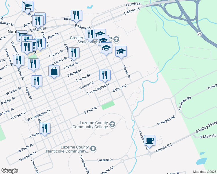 map of restaurants, bars, coffee shops, grocery stores, and more near 901-911 College Street in Nanticoke