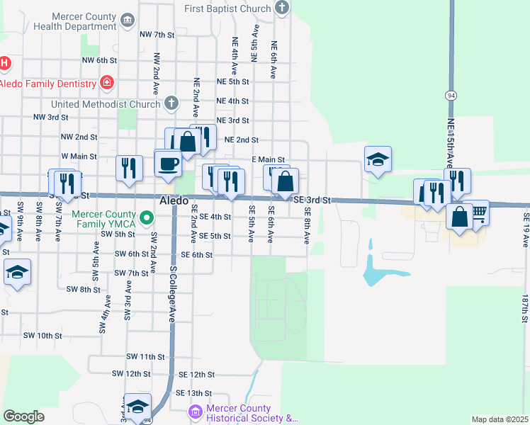 map of restaurants, bars, coffee shops, grocery stores, and more near 509 Southeast 4th Street in Aledo