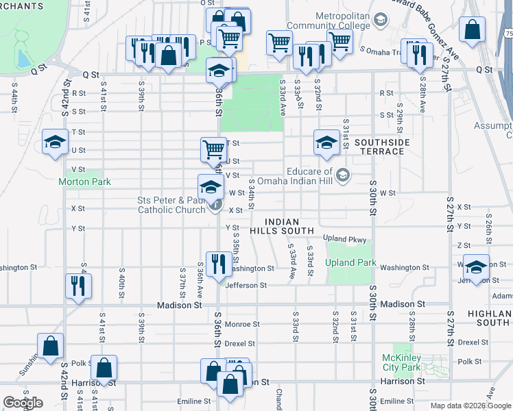 map of restaurants, bars, coffee shops, grocery stores, and more near 3504 X Street in Omaha