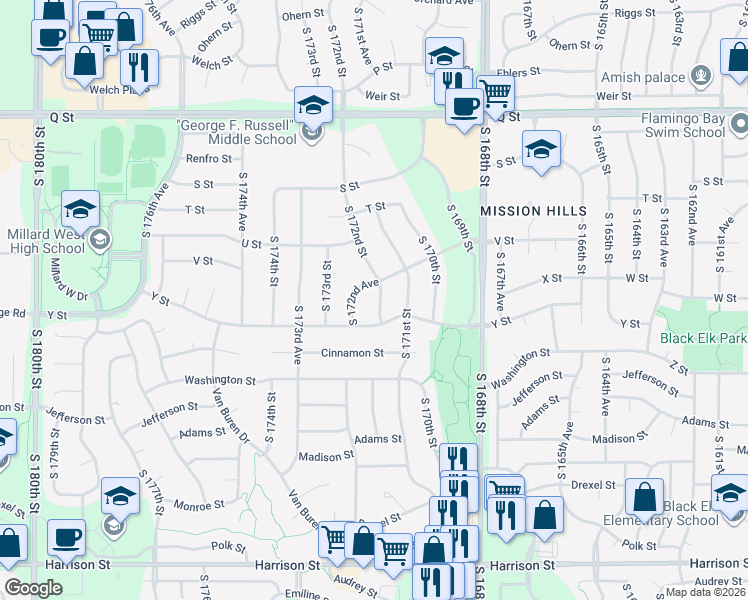 map of restaurants, bars, coffee shops, grocery stores, and more near 5809 South 172nd Street in Omaha