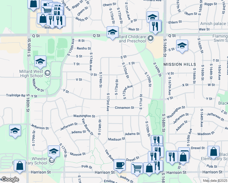 map of restaurants, bars, coffee shops, grocery stores, and more near 5816 South 173rd Street in Omaha