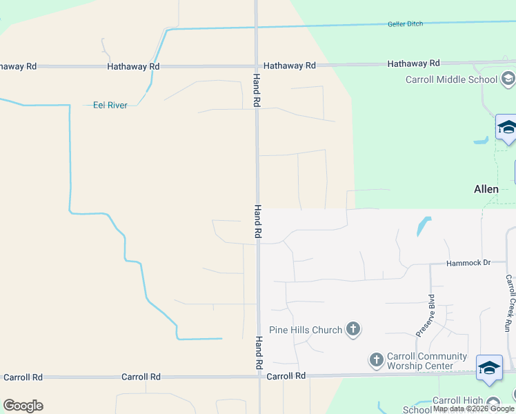 map of restaurants, bars, coffee shops, grocery stores, and more near 12709 Hand Road in Fort Wayne