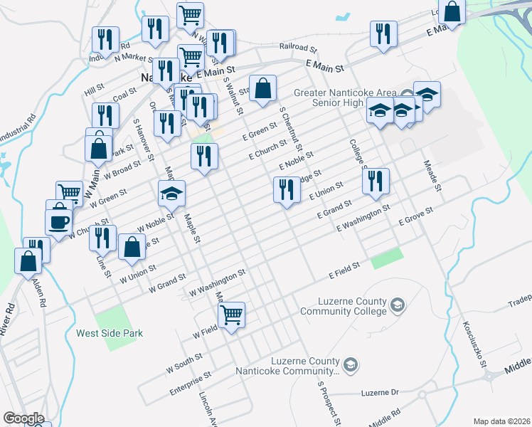 map of restaurants, bars, coffee shops, grocery stores, and more near 146 East Union Street in Nanticoke