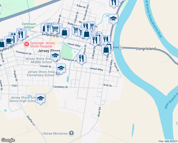 map of restaurants, bars, coffee shops, grocery stores, and more near 301-319 Locust Street in Jersey Shore