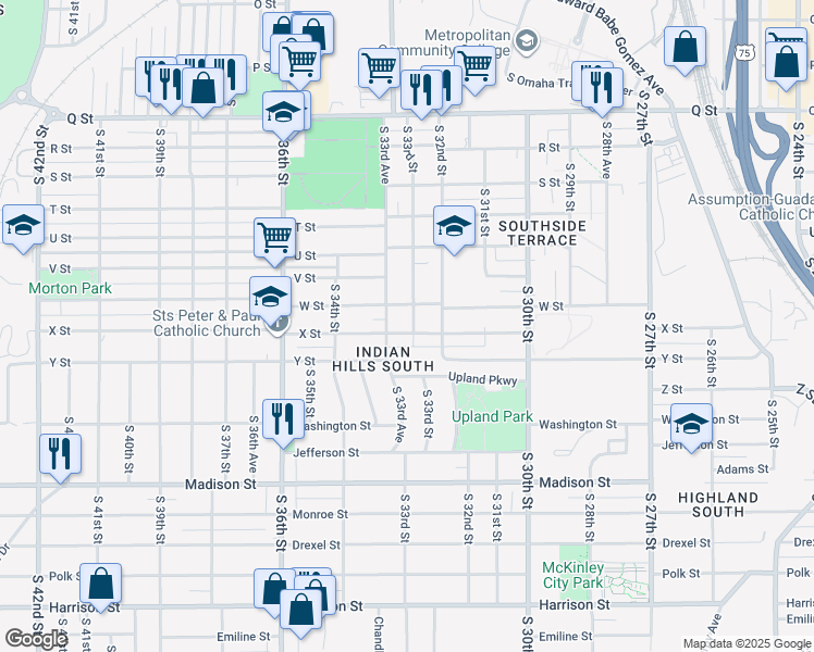 map of restaurants, bars, coffee shops, grocery stores, and more near 3302 X Street in Omaha