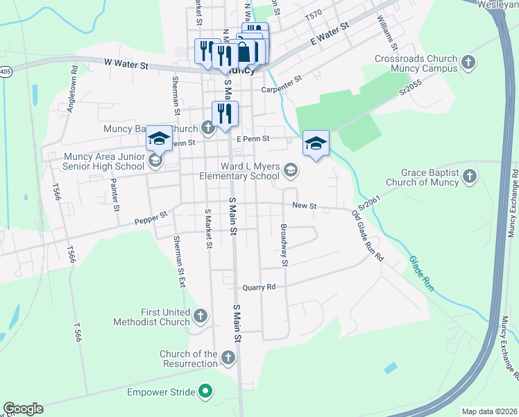 map of restaurants, bars, coffee shops, grocery stores, and more near 106 New Street in Muncy