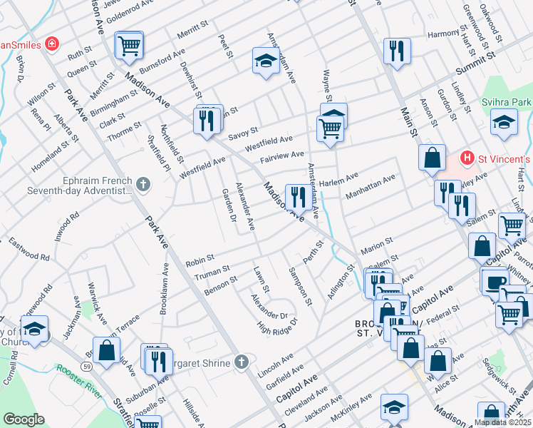 map of restaurants, bars, coffee shops, grocery stores, and more near 74 Everett Street in Bridgeport