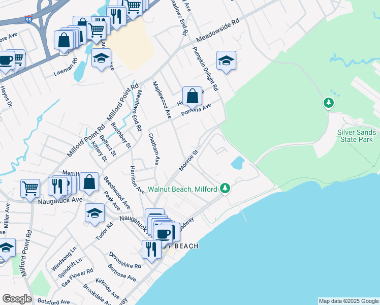 map of restaurants, bars, coffee shops, grocery stores, and more near 118 Monroe Street in Milford