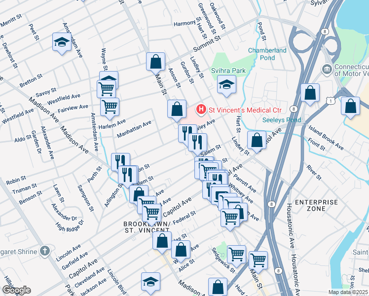 map of restaurants, bars, coffee shops, grocery stores, and more near 46 Marion Street in Bridgeport
