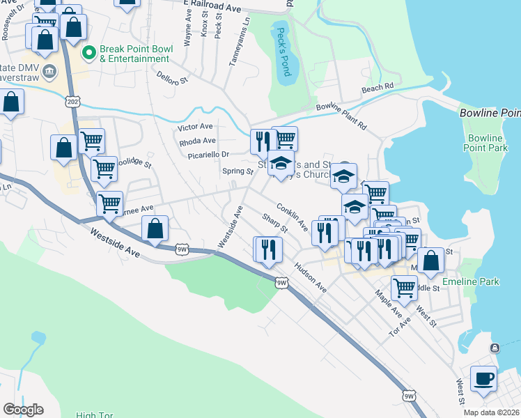 map of restaurants, bars, coffee shops, grocery stores, and more near 22 Sharp Street in Haverstraw