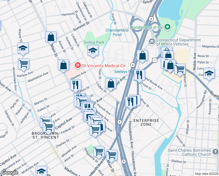 map of restaurants, bars, coffee shops, grocery stores, and more near 600 Lindley Street in Bridgeport