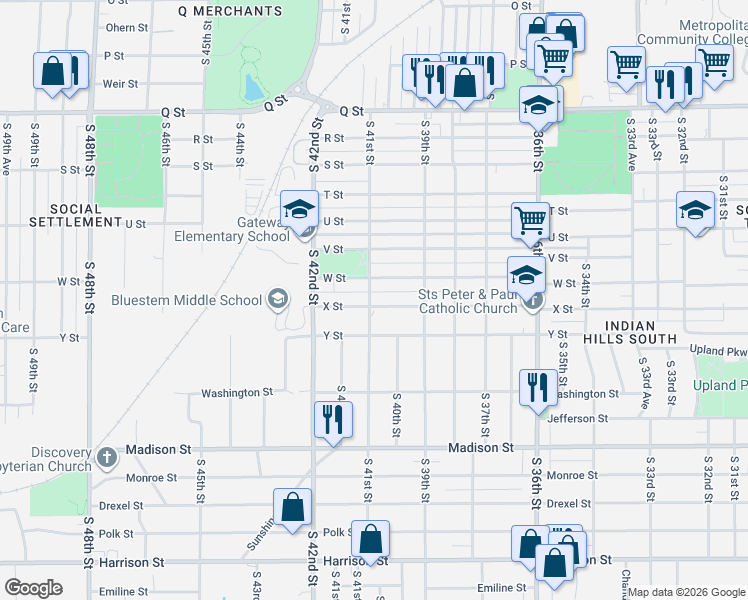 map of restaurants, bars, coffee shops, grocery stores, and more near 3946 X Street in Omaha