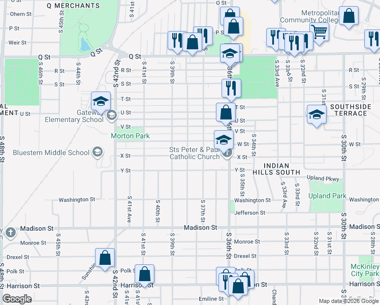 map of restaurants, bars, coffee shops, grocery stores, and more near 3707 X Street in Omaha