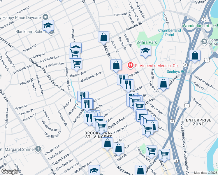 map of restaurants, bars, coffee shops, grocery stores, and more near 419 Hawley Avenue in Bridgeport