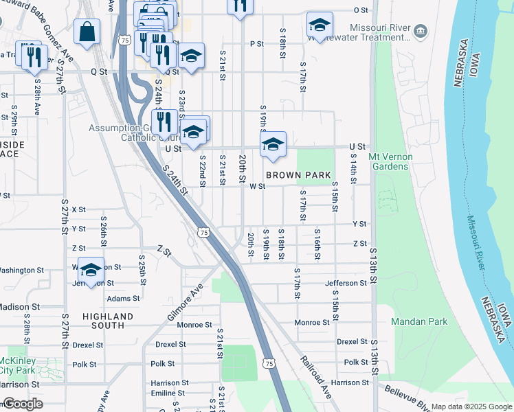 map of restaurants, bars, coffee shops, grocery stores, and more near 5835 South 20th Street in Omaha