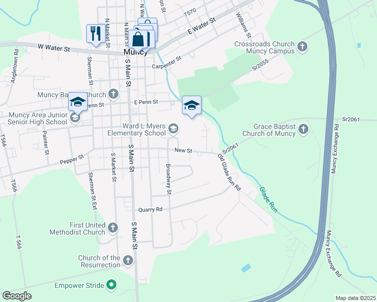 map of restaurants, bars, coffee shops, grocery stores, and more near 125 New Street in Muncy