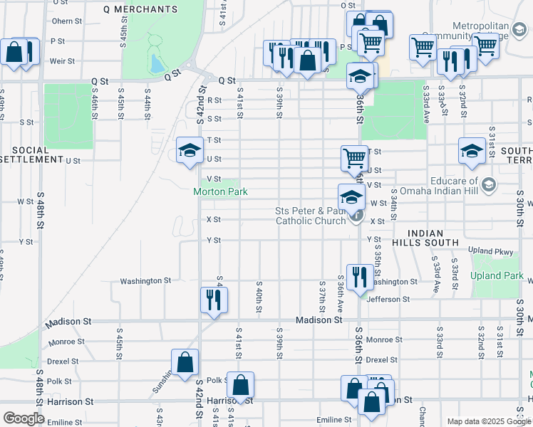 map of restaurants, bars, coffee shops, grocery stores, and more near 3914 X Street in Omaha