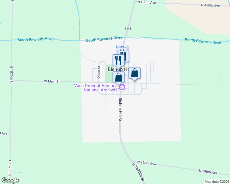 map of restaurants, bars, coffee shops, grocery stores, and more near 110 Knox Street in Bishop Hill
