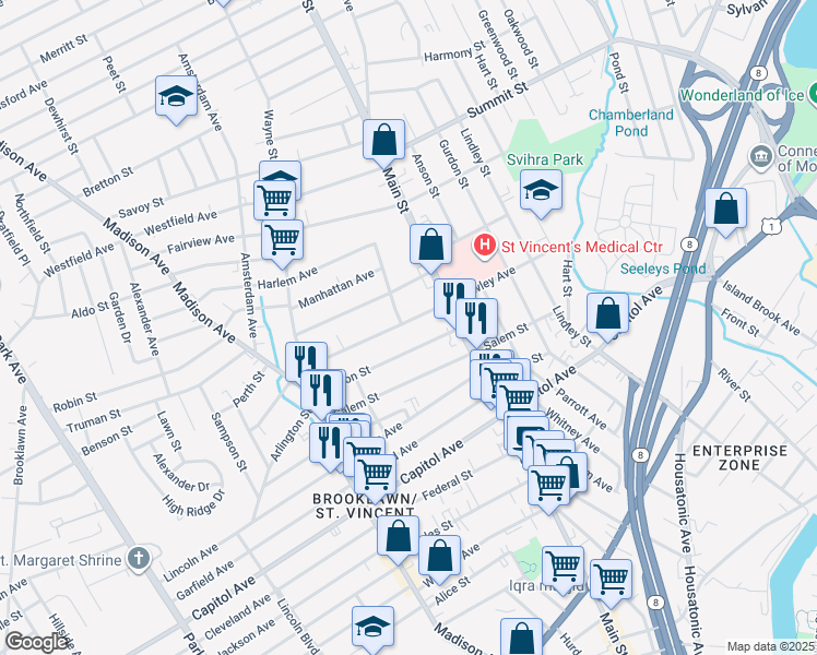 map of restaurants, bars, coffee shops, grocery stores, and more near 419 Hawley Avenue in Bridgeport