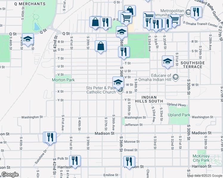 map of restaurants, bars, coffee shops, grocery stores, and more near 3619 X Street in Omaha
